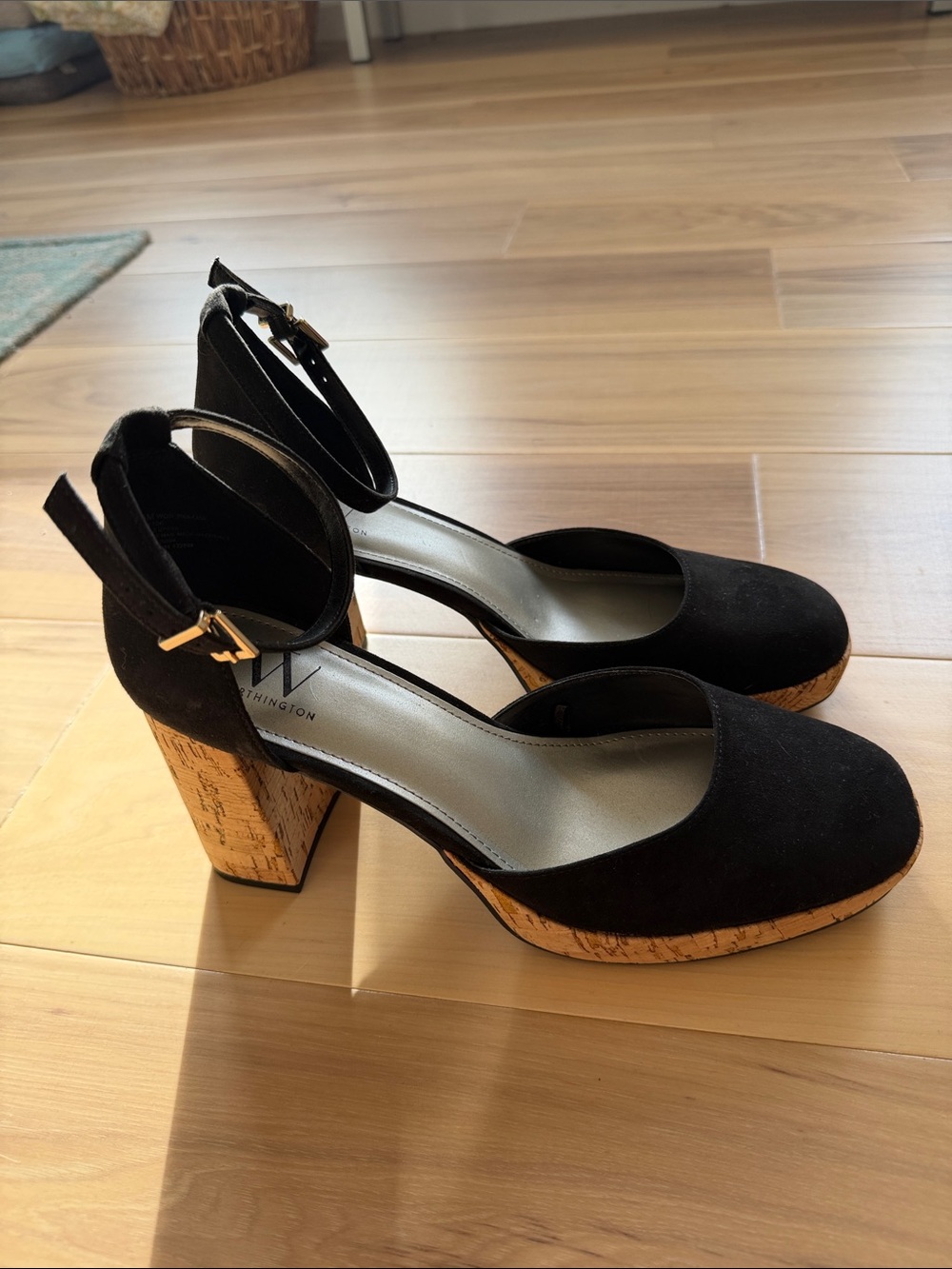 Worthington Black Suede Ankle-Strap Cork Block Heels